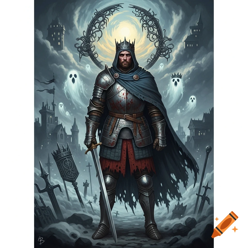A brooding knight in blood-splattered armor and a crown stands in a ruined city with ghosts under a glowing sky in dark fantasy art.