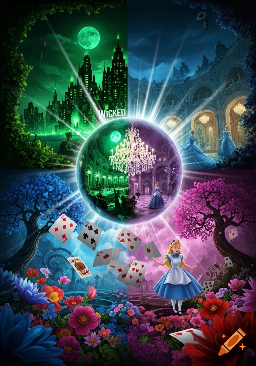 A vibrant illustration combining scenes from Wicked, Cinderella, and Alice in Wonderland, featuring characters, a green city, and flying cards.