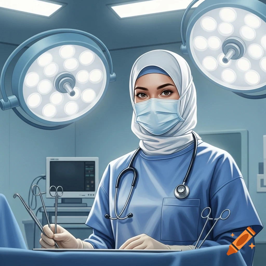 A female surgeon in blue scrubs, white hijab, and a mask, holding surgical instruments in an operating room.