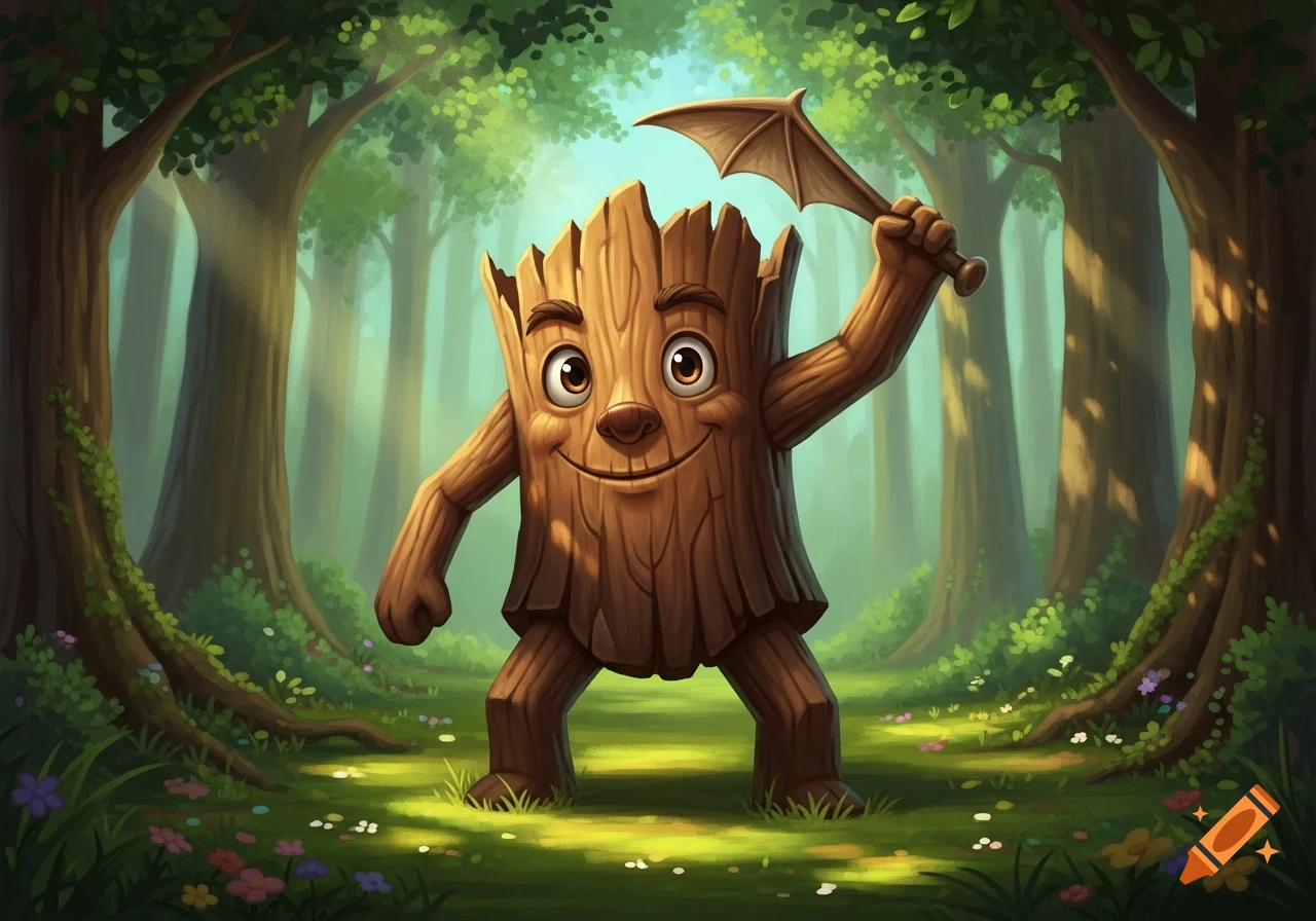 A friendly, smiling cartoon tree stump character with limbs holds a ...