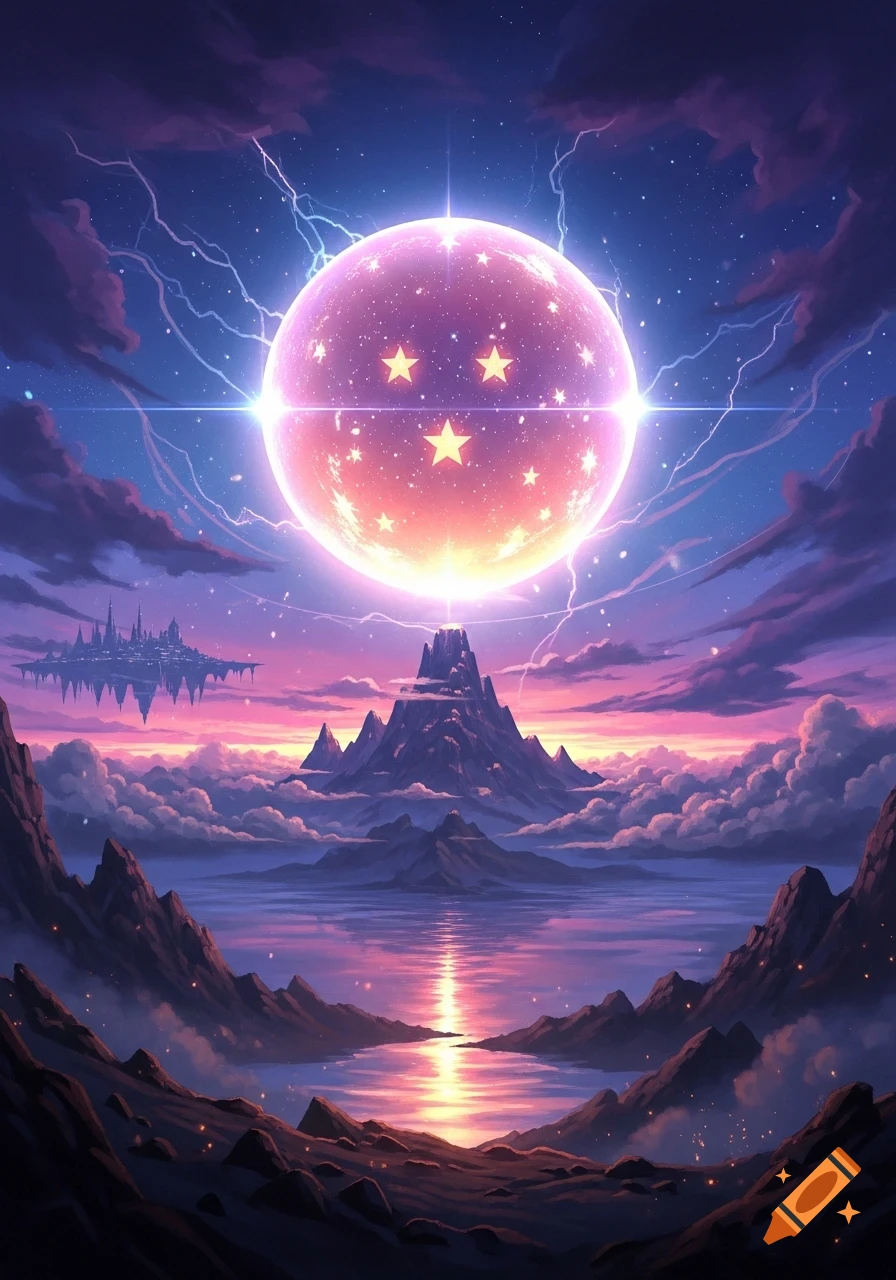 A vibrant anime-style fantasy landscape with a glowing four-star Dragon Ball in a purple and pink sky above mountains, a reflective lake, and a floating city.