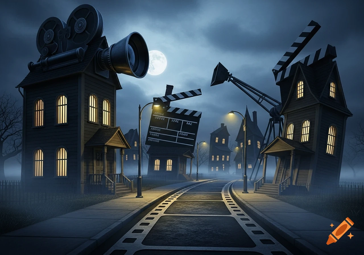 A dark, stylized neighborhood with houses shaped like a movie camera, clapperboard, and boom pole. A full moon glows over a road shaped like a film strip.