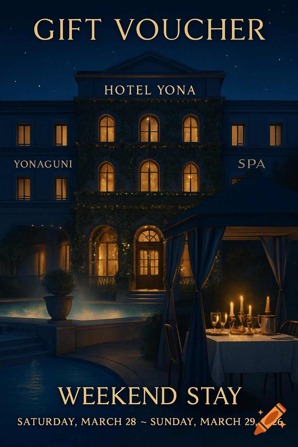 Elegant gift voucher for Hotel Yona, depicting a grand illuminated hotel building, outdoor pool, and a candlelit dining table at night.
