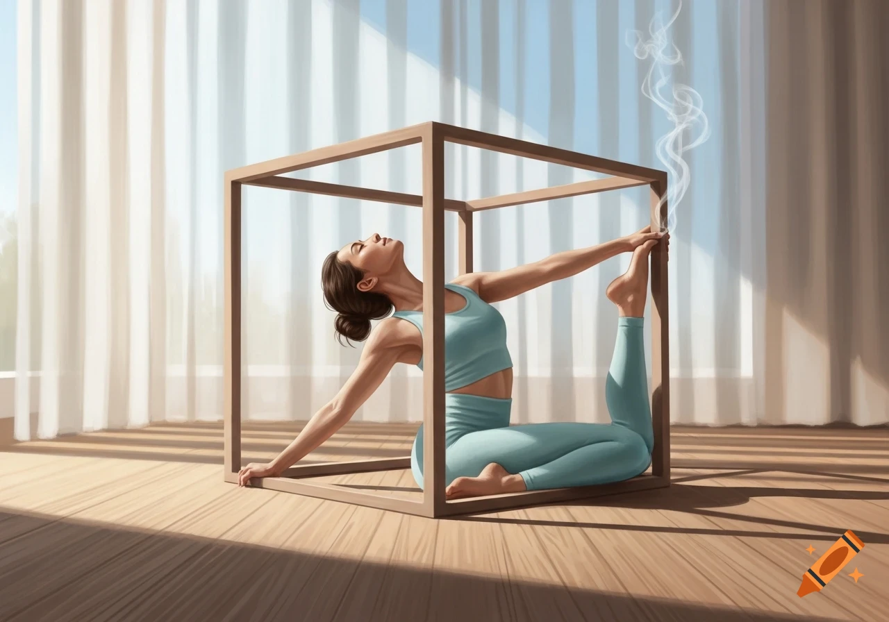 A woman in a blue yoga outfit performs a contorted pose inside a wooden cube, with smoke rising from her foot, in a sunny room.