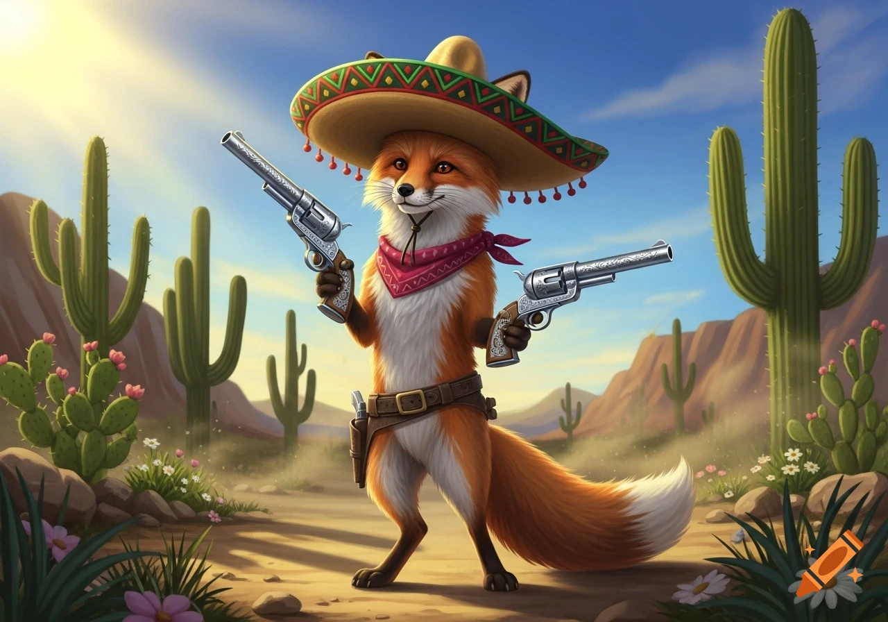 A cartoon anthropomorphic fox wearing a sombrero and bandana, holding two revolvers in a desert with cacti.