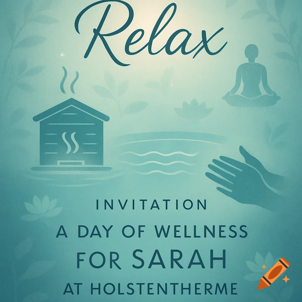 Teal wellness invitation card with 'Relax', sauna, meditation, and massage icons. Text reads 'INVITATION A DAY OF WELLNESS FOR SARAH AT HOLSTENTHERME'.