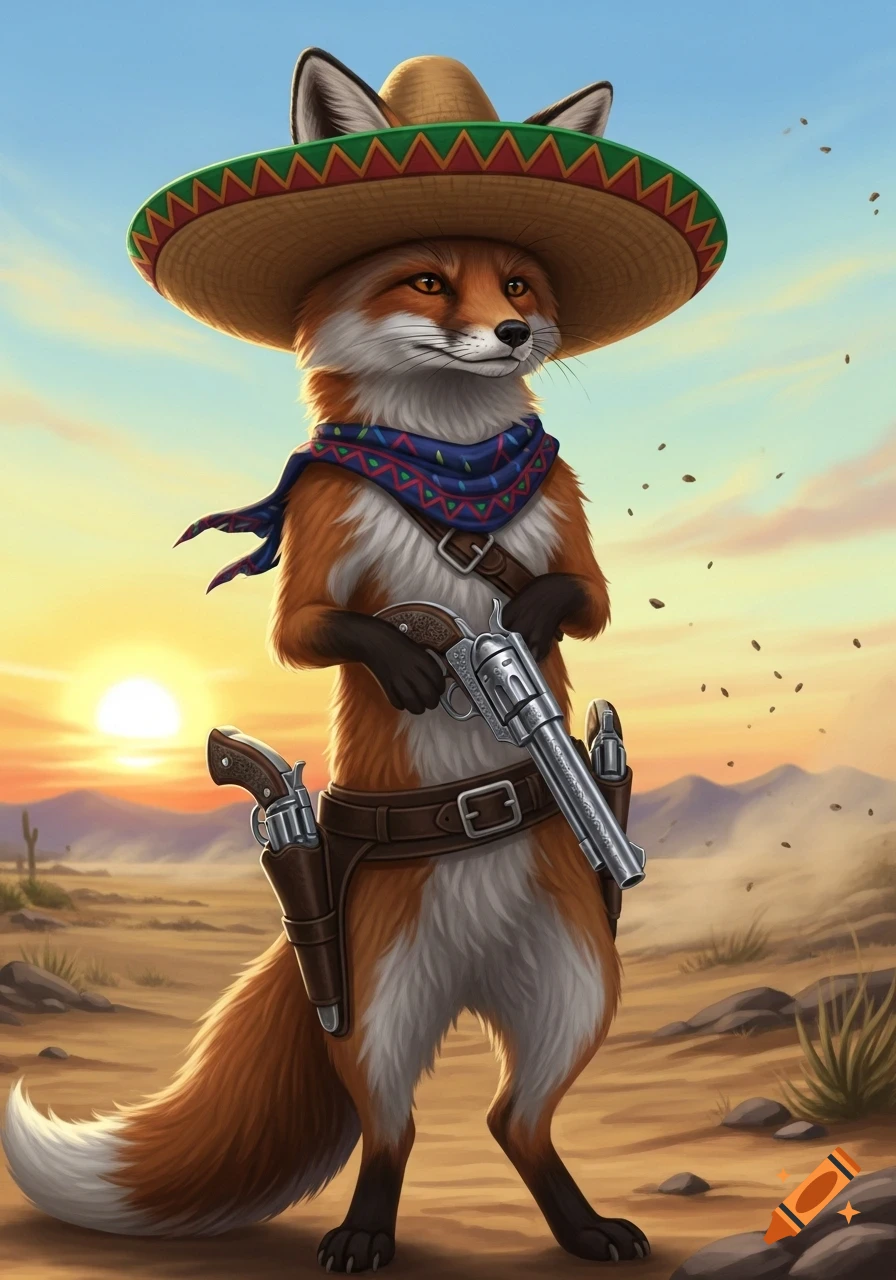 A cartoonish fox dressed as a bounty hunter, wearing a sombrero and bandana, holding two revolvers in a desert sunset.