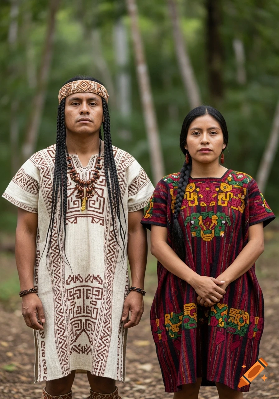 Two Maya people, a man and a woman, stand side by side in a forest, wearing traditional historical Maya clothing with intricate patterns.