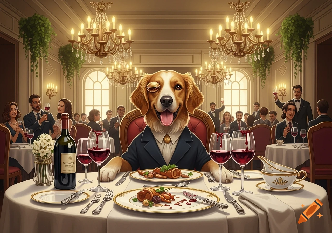 A golden retriever in a suit sits at a fancy restaurant table with wine, wine drips from glasses, surrounded by smiling people.