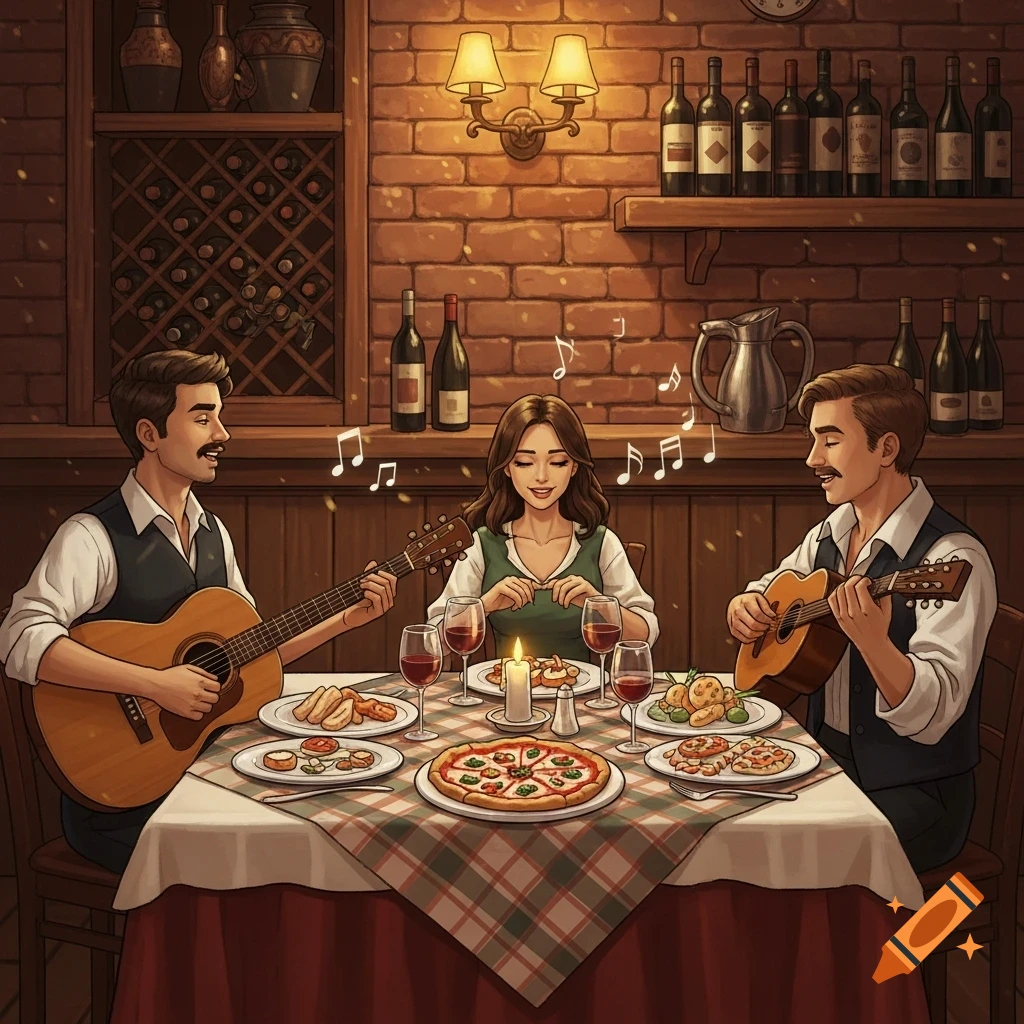 Two men play acoustic guitars for a woman dining at a candlelit table in a rustic restaurant. Food and wine are on the table, with musical notes floating above them.