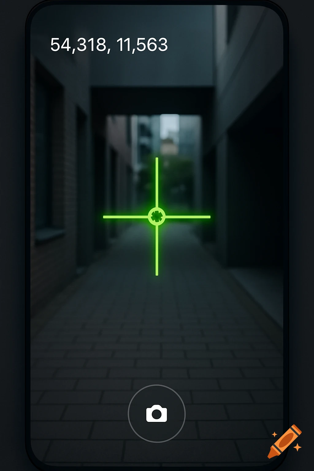 Smartphone screen displaying a camera app interface with a green crosshair, coordinates, and camera button, showing a blurred alleyway.