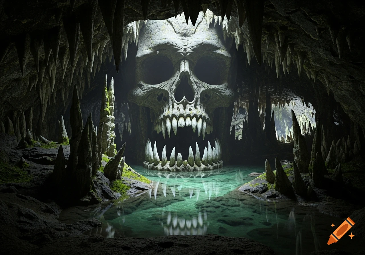 A large, menacing skull cavern entrance with sharp teeth, reflected in a glowing turquoise pool of water, surrounded by jagged stalactites and mossy rocks.
