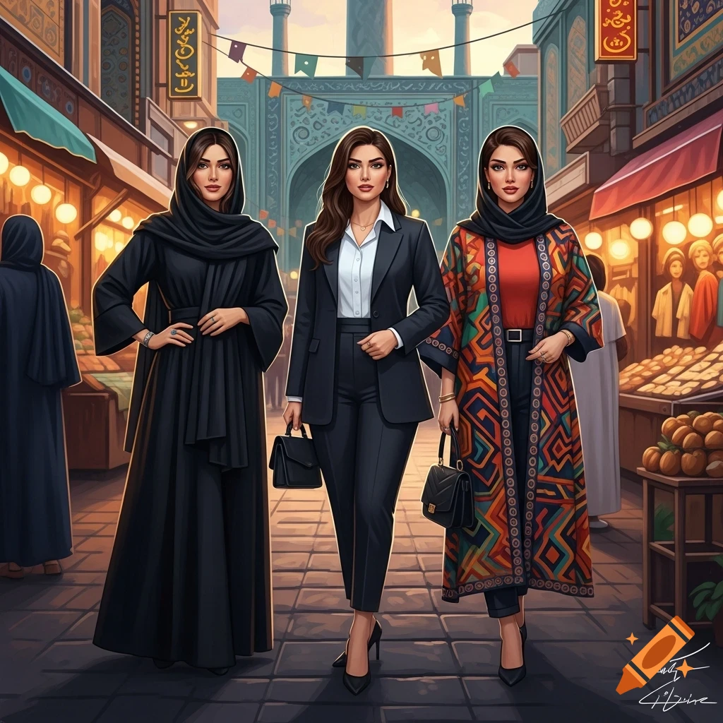 Three stylish Iranian women in varying attire, including a chador, an office suit, and a colorful open coat, walk through a vibrant market street with traditional architecture.