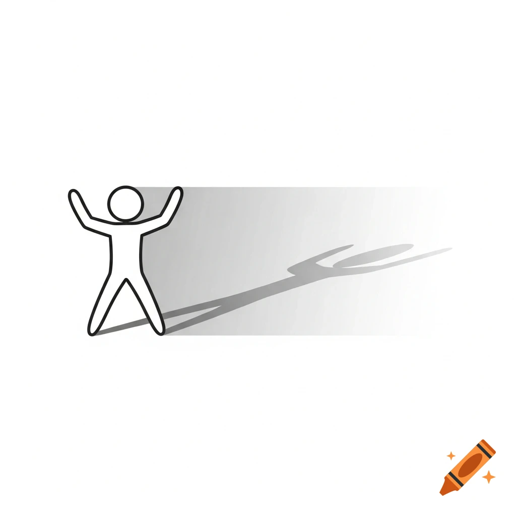 A simple outline stick figure stands with arms raised, casting a long shadow to its right on a white background.