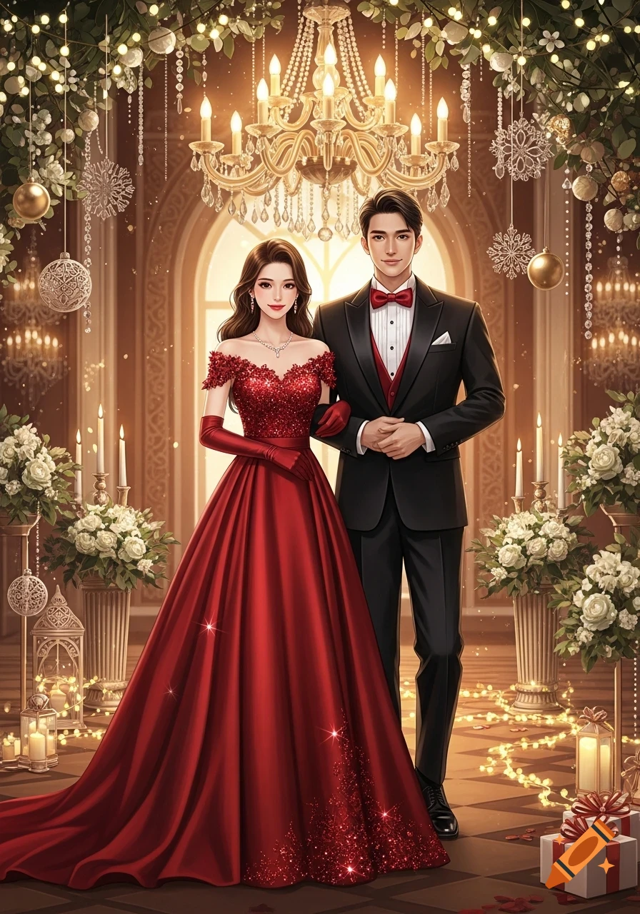 A stylish couple, a woman in a red ball gown and a man in a black tuxedo, stand in an ornate ballroom decorated for a festive celebration. Digital art.