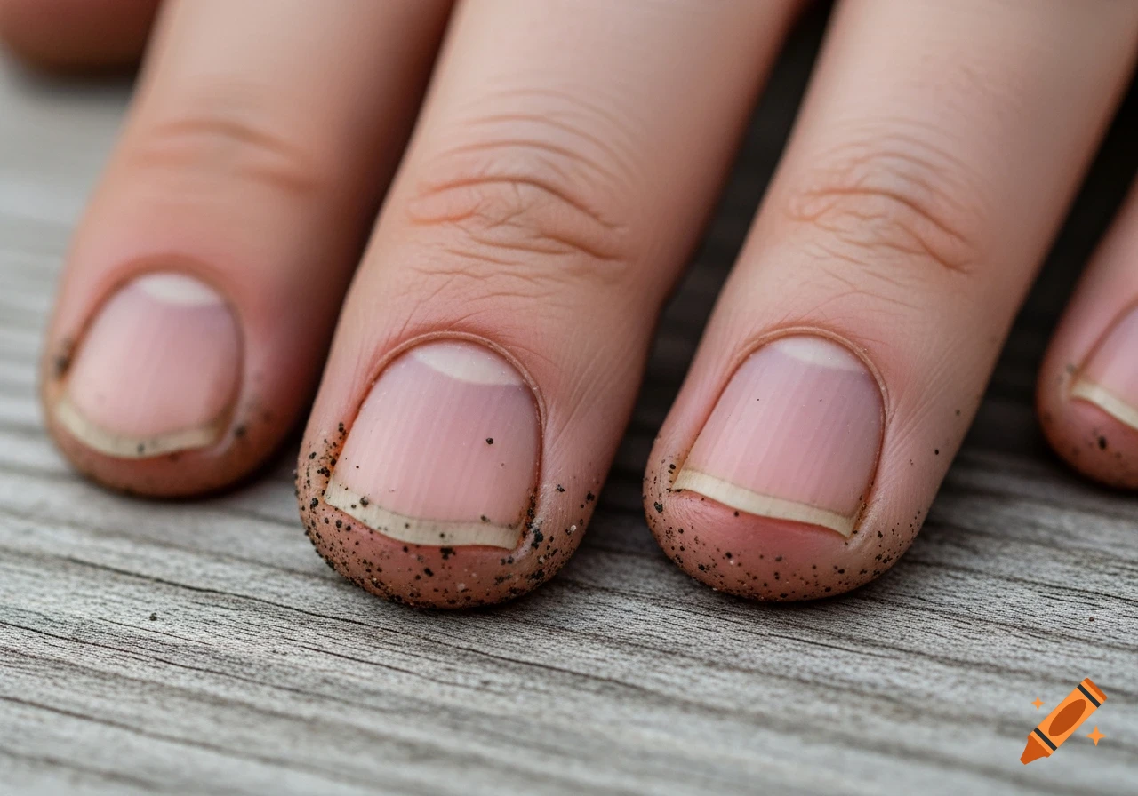 Close-up of fingers with dirt under the fingernails, resting on a textured wooden surface.