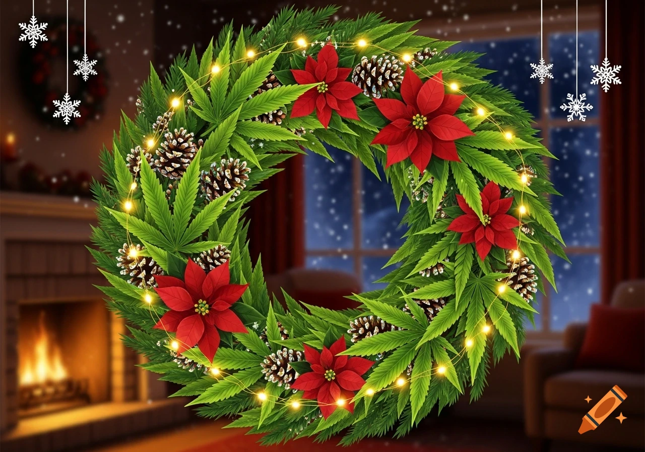 A Christmas wreath made of green cannabis leaves, red poinsettias, pinecones, and string lights, hanging in a cozy room with a fireplace and snowy window.