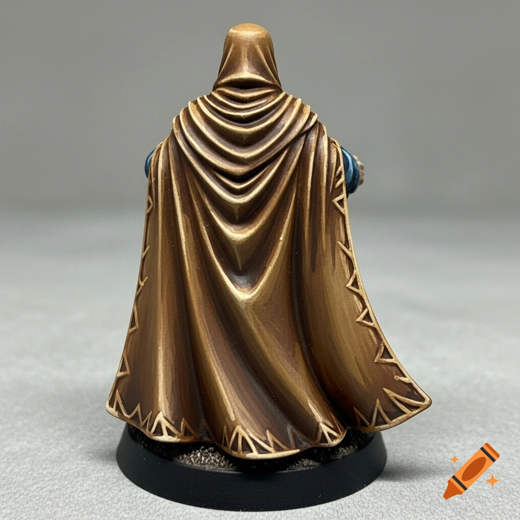 A detailed view of the back of a fantasy miniature figure wearing a brown hooded cloak with intricate patterns, painted with a miniature painting style.