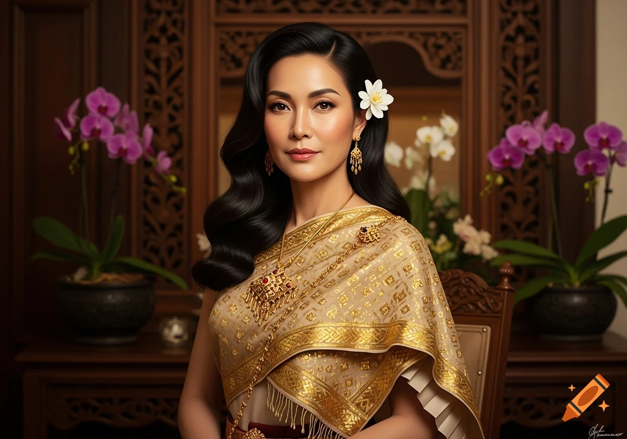 A beautiful Thai woman with dark wavy hair and a white flower, wearing an elaborate gold traditional dress, sitting in a wooden room with orchids.