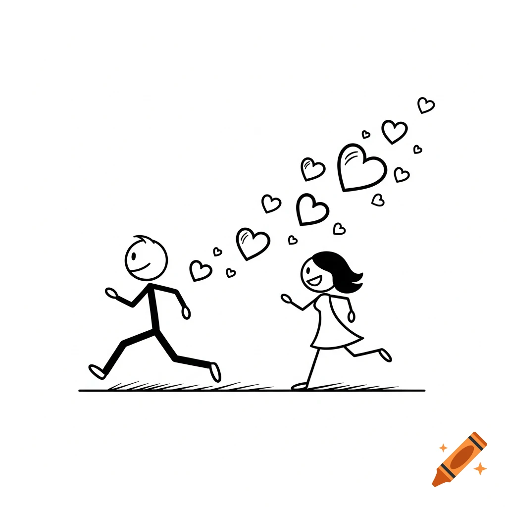 Simple line drawing of a stick figure man chasing a stick figure woman with cartoon hearts floating behind them.