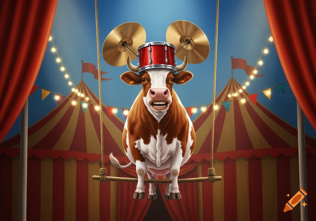 A smiling cow wears a red drum and cymbals on its head, balancing on a trapeze bar in a colorful circus tent.