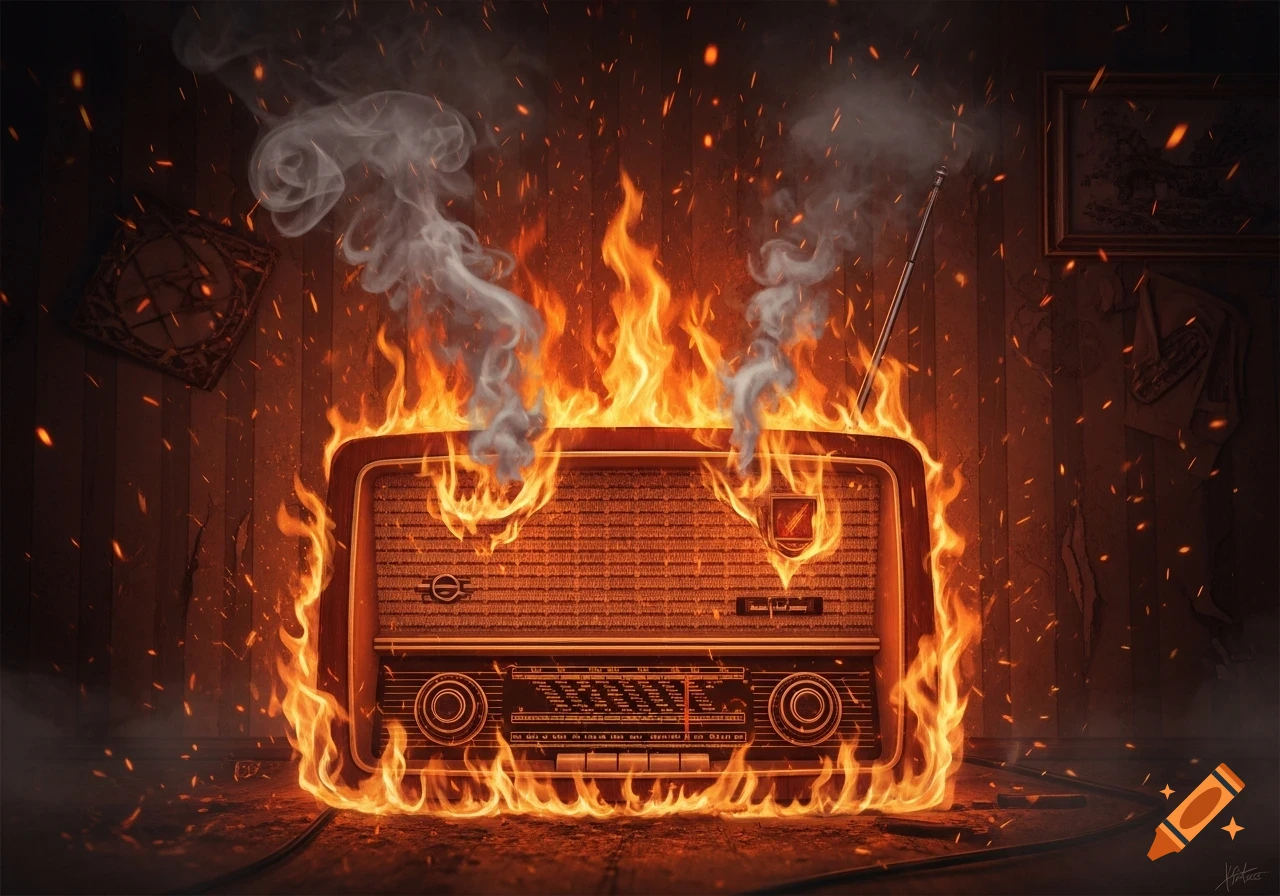 A vintage radio is engulfed in flames and smoke in a dimly lit room, with fire sparks flying around.