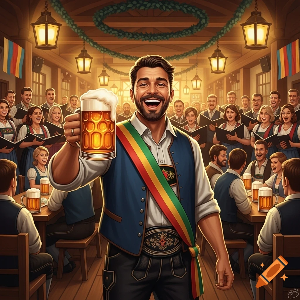A cheerful man in traditional German attire holds up a mug of beer, smiling broadly in a lively pub with a chorus and patrons.