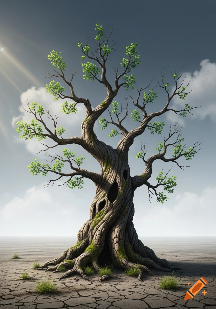 An ancient, gnarled tree with a few green leaves stands in a cracked, dry wasteland under a cloudy sky.