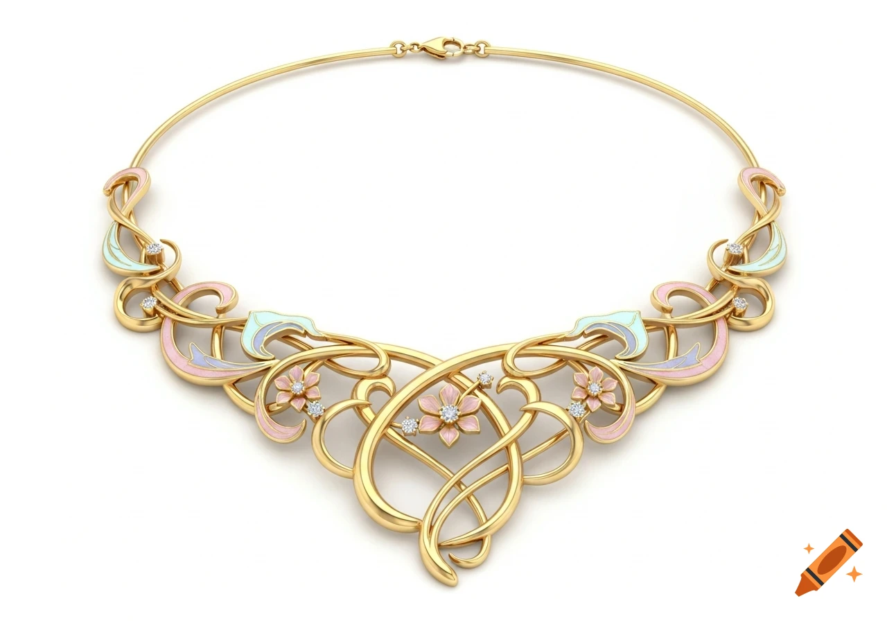 An elegant Art Nouveau gold necklace with flowing vine motifs, pink and blue enamel, and diamond settings on a white background.