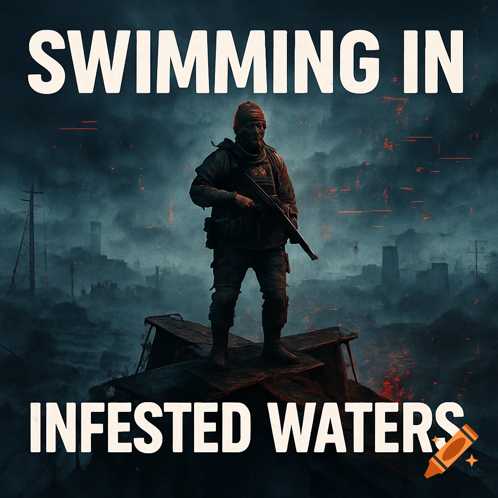 Soldier stands on rubble in a dark, post-apocalyptic city with red embers, text reads 'SWIMMING IN INFESTED WATERS'.