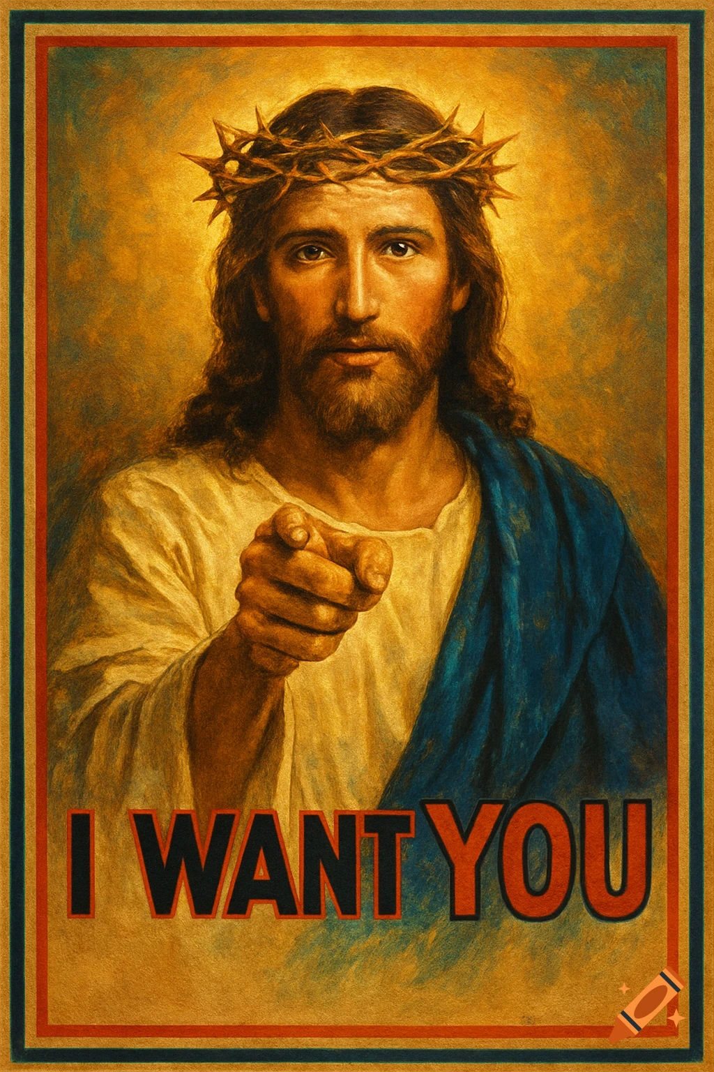 Jesus Christ with a crown of thorns points forward, with the text 'I WANT YOU' below in a religious poster style.