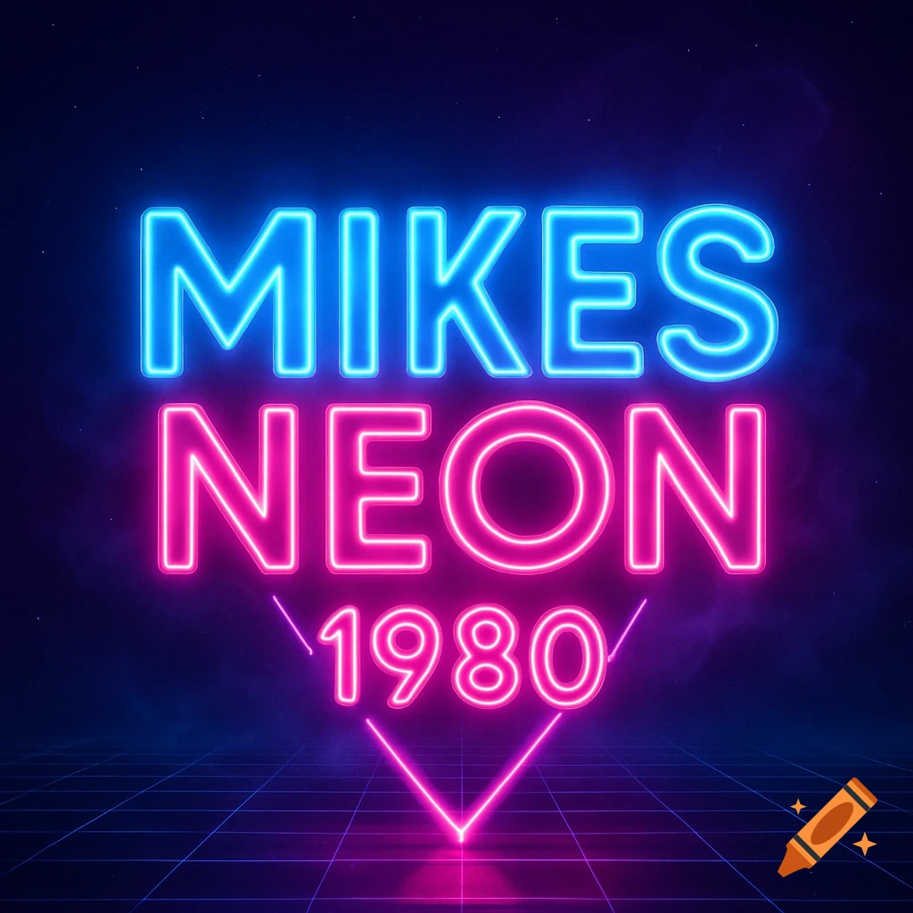 A neon sign displaying "MIKES NEON 1980" in blue and pink letters against a dark, starry background with a grid plane.