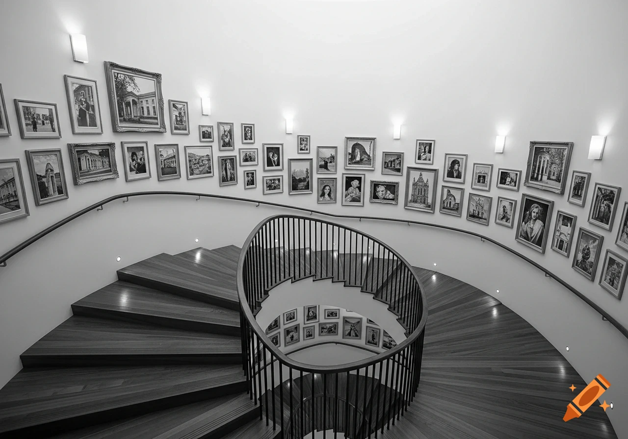 High-angle, black and white photograph of a modern spiral staircase with a gallery wall of framed pictures.
