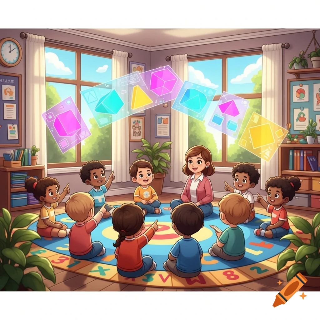 A cartoon illustration of a diverse group of young children sitting on a colorful rug in a classroom with their teacher, pointing at floating geometric shapes and numbers.