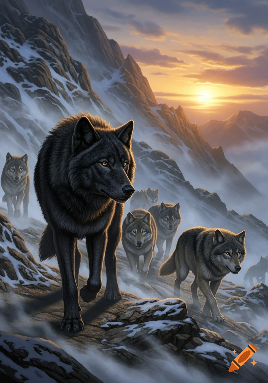 A pack of wolves led by a black wolf on a snowy mountainside at sunset.