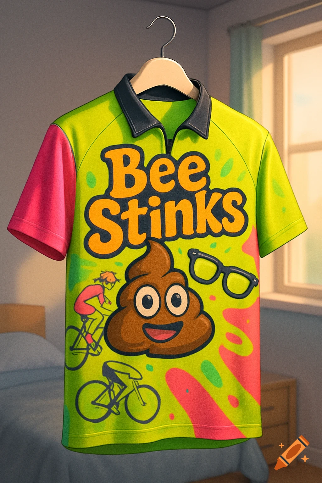 A neon green t-shirt with a cartoon poop emoji, 'Bee Stinks' text, cyclists, and black-rimmed glasses, hanging in a sunlit room.