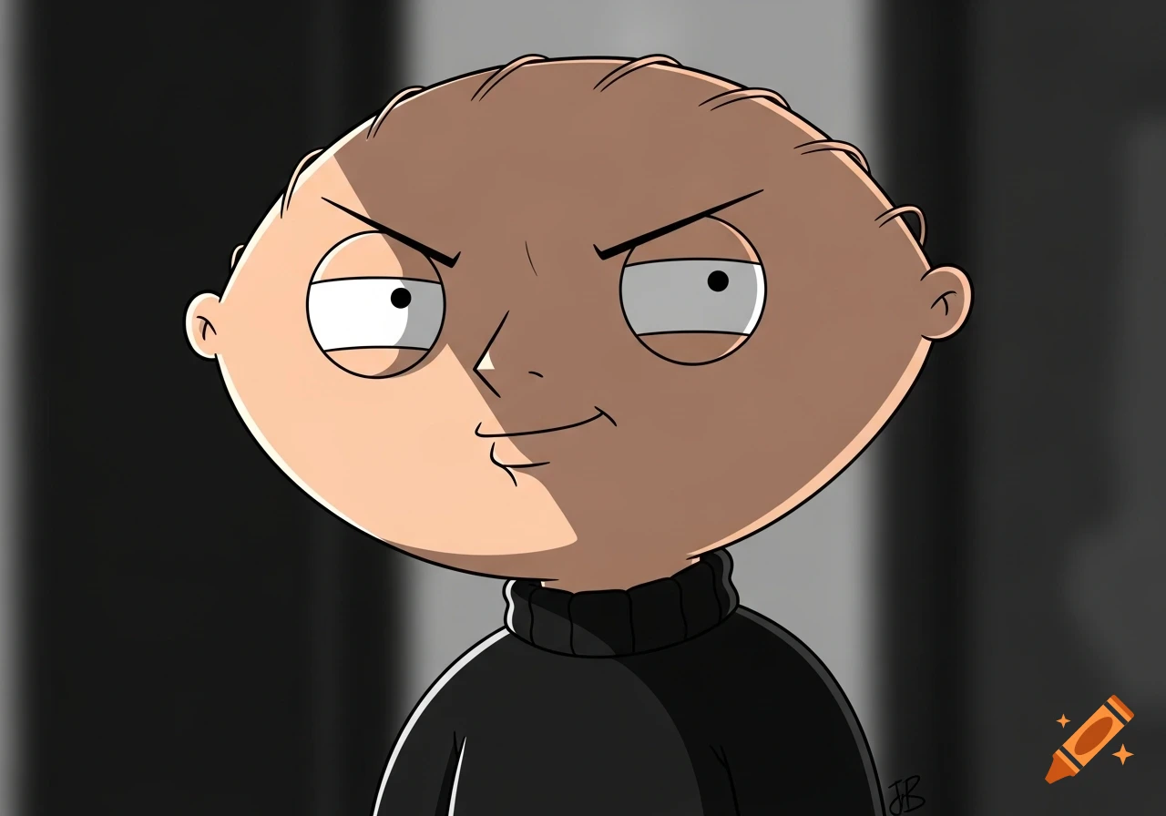 Cartoon Stewie Griffin from Family Guy with a menacing smirk, wearing a black turtleneck sweater.