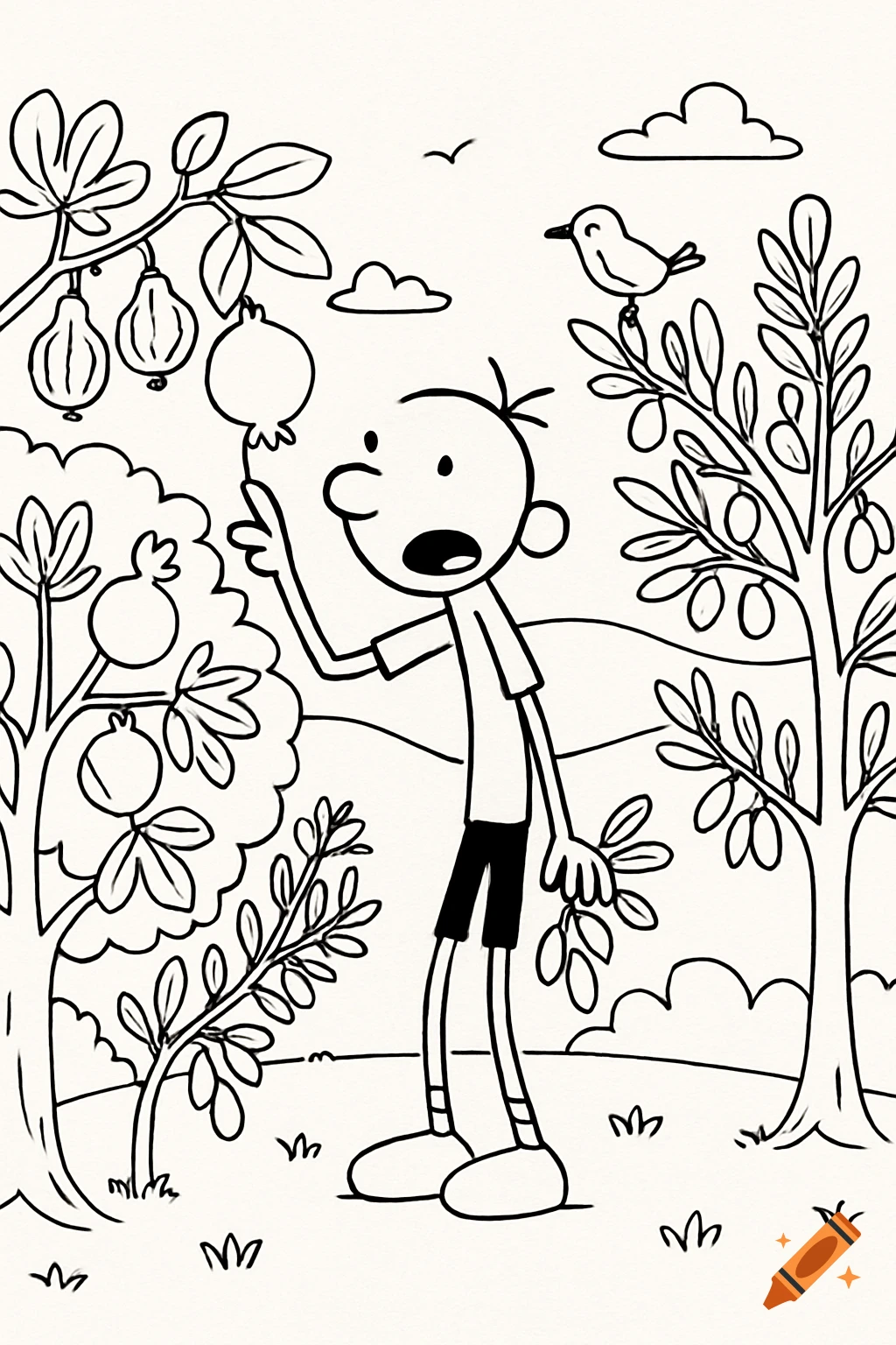 A black and white line art coloring page features Greg Heffley in a garden, reaching for fruit on a tree, with another tree and a bird in the background.