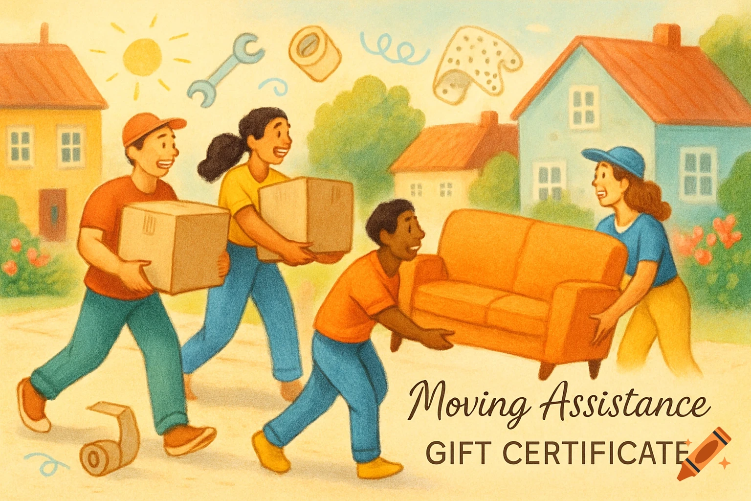 An illustration of diverse people moving a sofa and boxes in front of houses, with text 'Moving Assistance GIFT CERTIFICATE'.