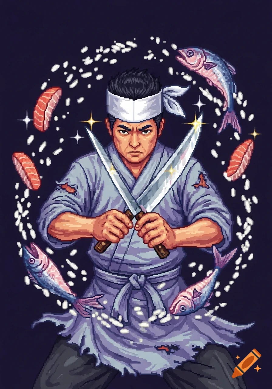 Pixel art portrait of an intense Japanese chef holding two gleaming knives, surrounded by flying fish and rice.