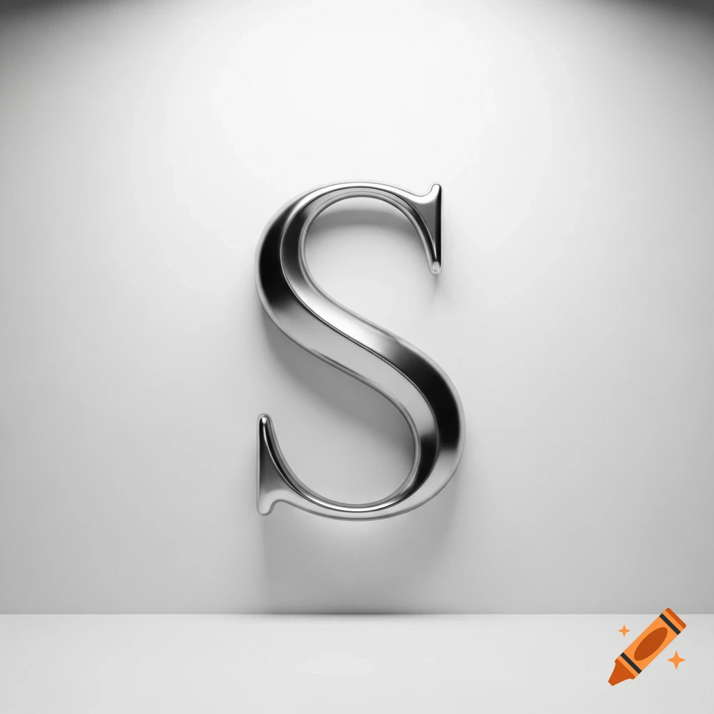 A shiny, chrome-like uppercase letter 'S' is set against a brightly lit white background.