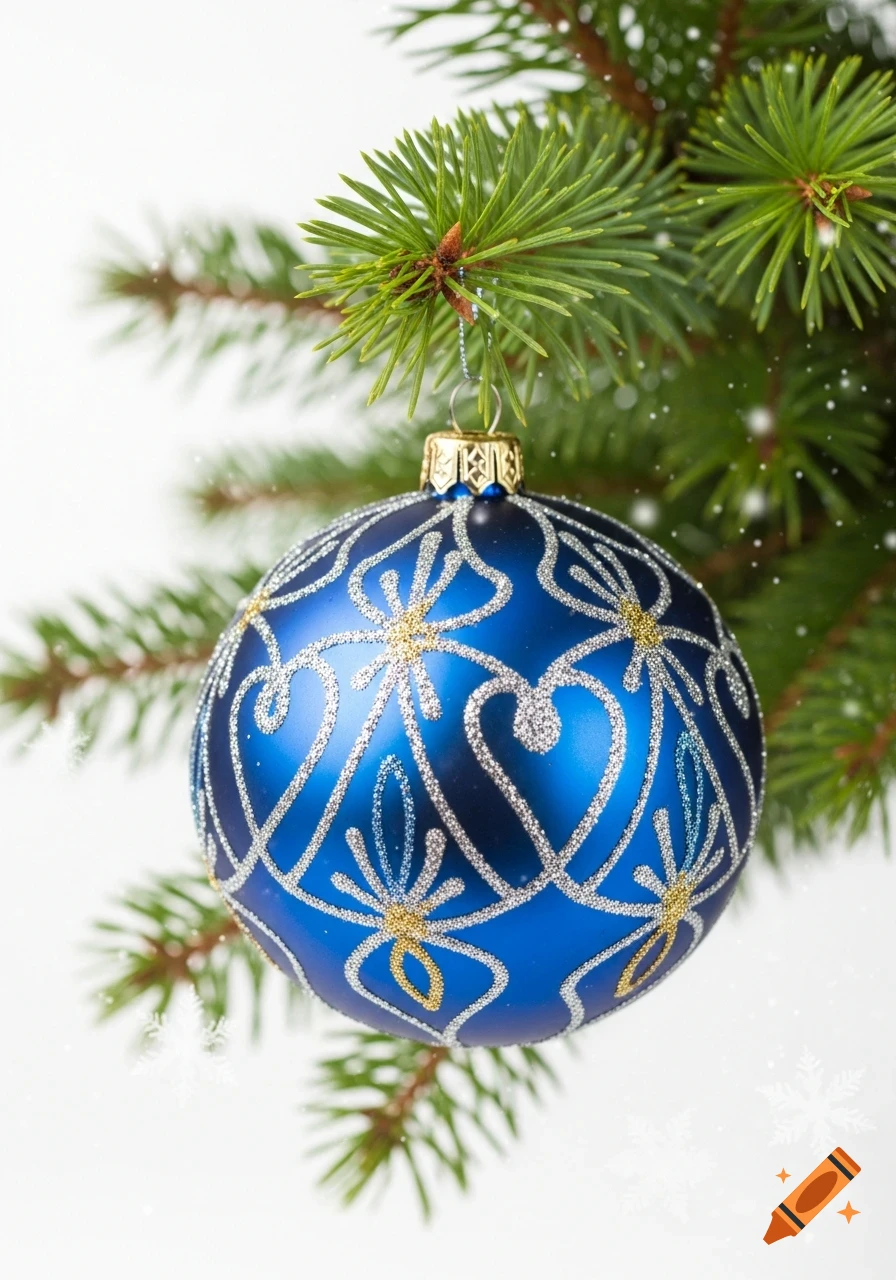 Photorealistic blue Christmas ornament with gold and silver glitter, hanging from a green pine branch on a white background with snowflakes.
