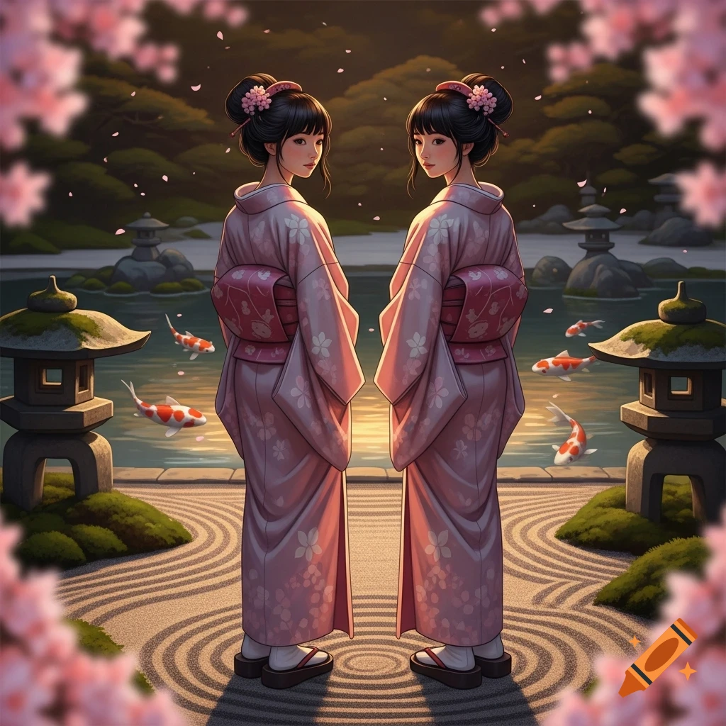 Two Japanese women in pink kimonos in a serene garden with koi fish and cherry blossoms, in an anime art style.