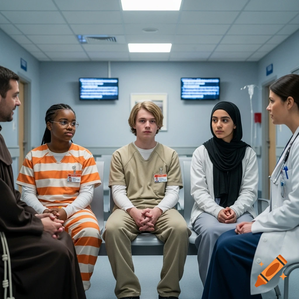 A friar, two young inmates (a Black girl and a white boy), an Arabic girl, and a female doctor sit in a hospital waiting room.