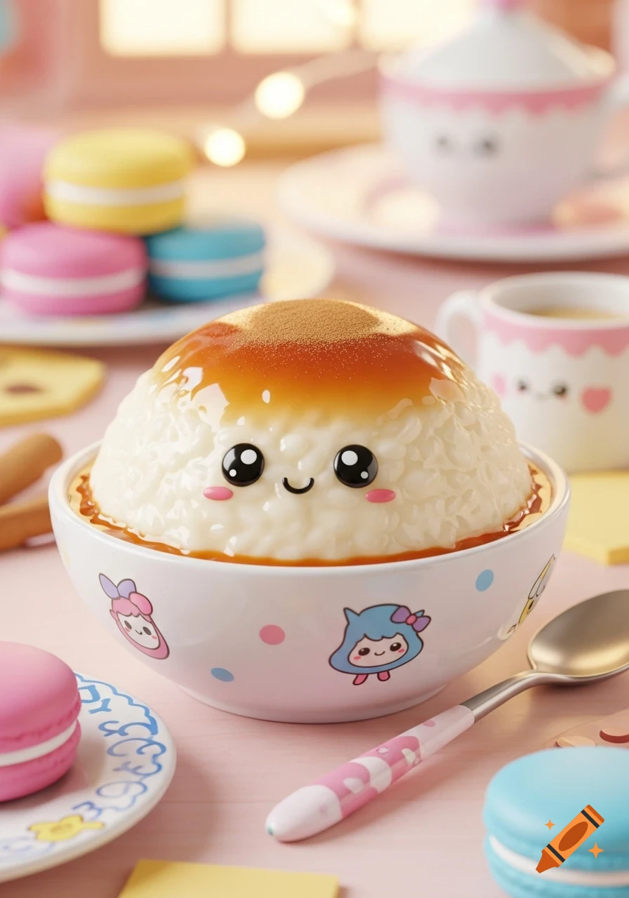 A cute, smiling bowl of rice pudding with caramel and cinnamon, surrounded by colorful macarons and a teacup, in a 3D kawaii style.
