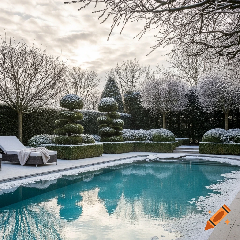 Photorealistic image of a luxurious winter garden with a snowy pool, topiary trees, and a lounge chair.