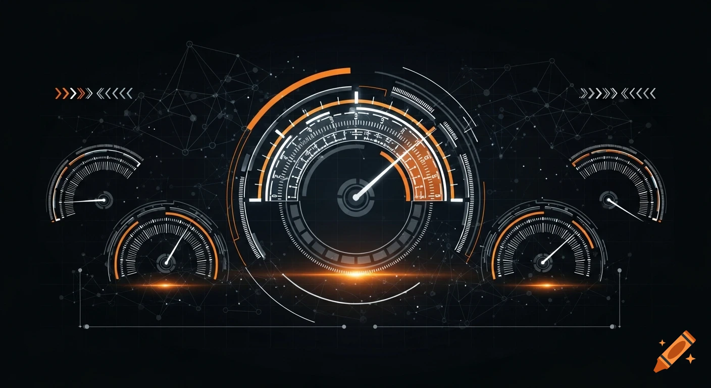 Futuristic digital dashboard with glowing orange and white performance indicator gauges on a dark background with connected lines.