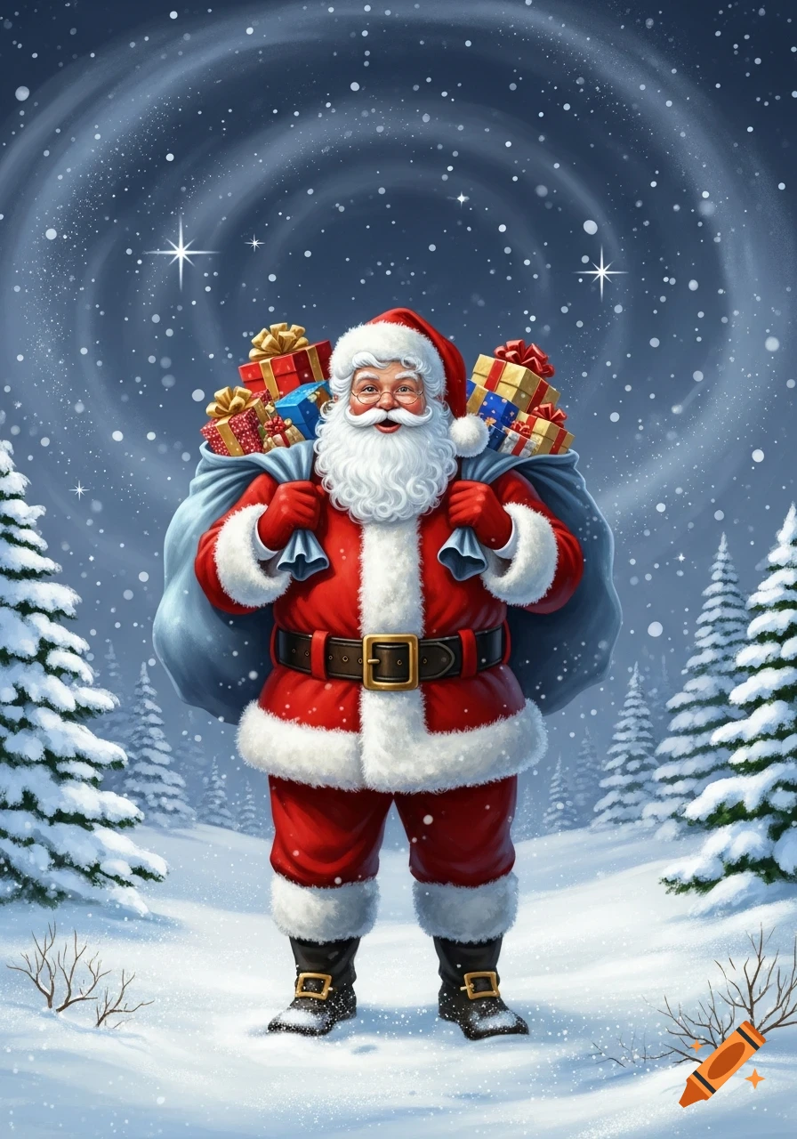 Illustration of Santa Claus in a red suit and hat, carrying a sack of gifts in a snowy winter forest at night.