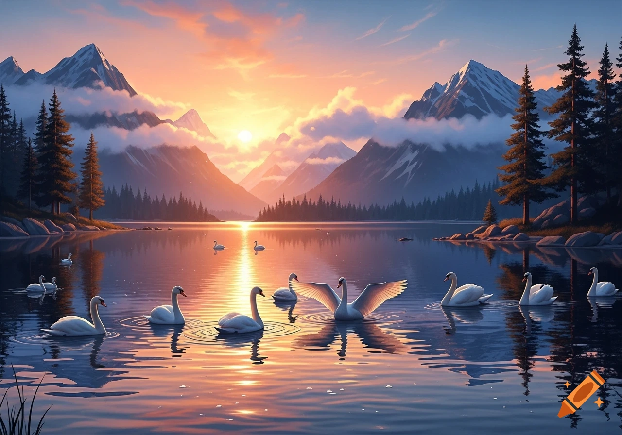 Swans swim on a serene lake surrounded by mountains at sunset, with golden reflections on the water in a picturesque digital art style.