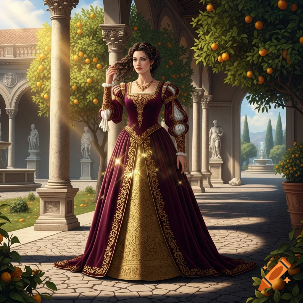 A woman in an ornate burgundy and gold Renaissance gown stands in a sunny Italian courtyard with orange trees.